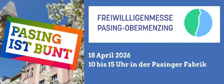 Bild mit dem Logo der Freiwilligenmesse und einem Pasing ist bunt Logo